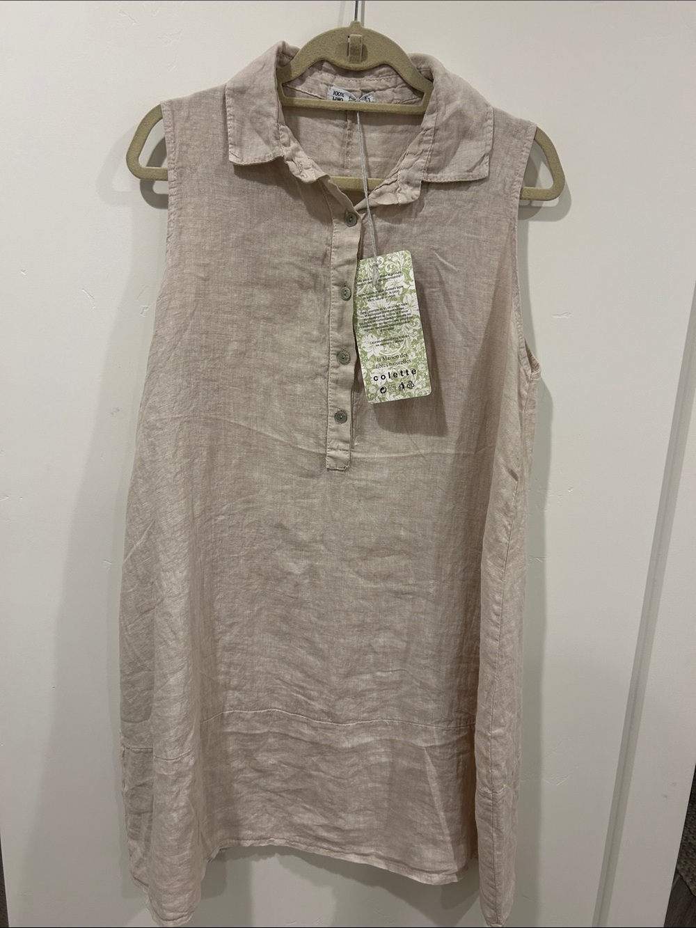 Colette Italy 100% Linen Sleeveless Henley Tunic Tan S/M